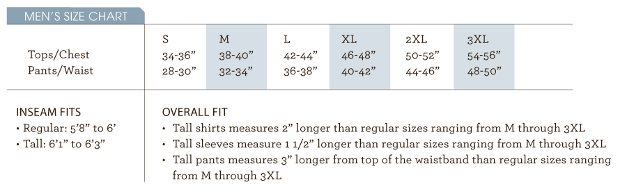 ColdPruf Size Chart