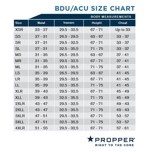 BDU Coat Size Chart